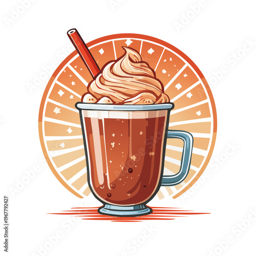 Iced chocolate drink with whipped cream and straw on retro sunburst background　レトロなサンバースト背景にホイップクリームとストローを添えたアイスショコラドリンク　ベクターイラスト