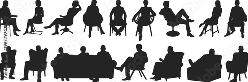 Collection of people silhouettes sitting in various chairs and sofas featuring men and women in relaxed poses isolated on white background