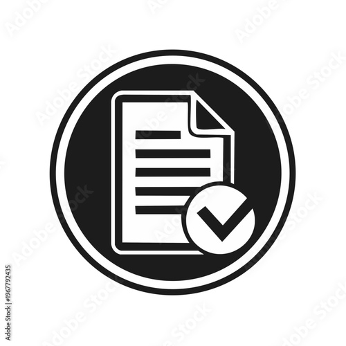 Approved document icon with check mark for completed task and contract　完了したタスクや契約書用のチェックマーク付き承認済み書類アイコン　ベクターイラスト