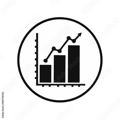 Business growth bar and line chart icon in circular frame for success data　成功データを示す円形フレームに入ったビジネス成長の棒グラフとラインチャートのアイコン