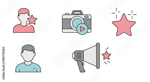 Favorite User, Camera, Star, and Megaphone Icons: Concept of Content Creation & Popularity