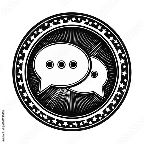 Speech bubble chat icon in decorative star frame for communication and feedback　コミュニケーションとフィードバック用の装飾的な星のフレームに入った吹き出しチャットアイコン　ベクターイラスト