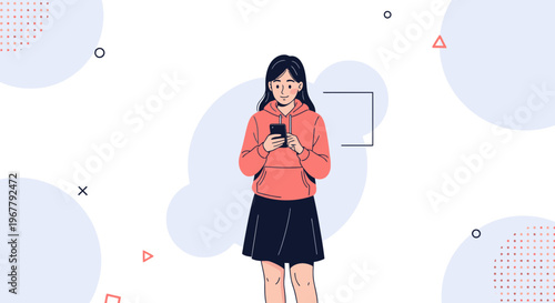 Young woman in hoodie and skirt using smartphone, surrounded by abstract shapes