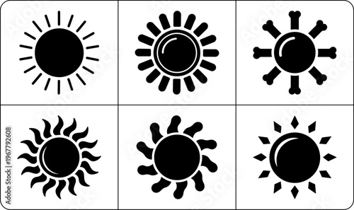 Unique black radiant emblems with geometric and organic ray patterns in minimalist white square panel composition