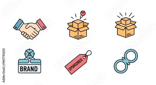 Business Icons: Handshake, Package, Brand, Sponsored Tag, Clock, Partnership