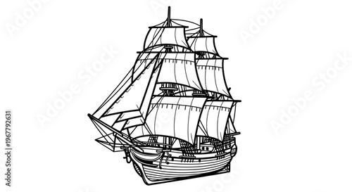 Detailed Sketch of a Historic Sailing Ship with Multiple Masts and Billowing sails