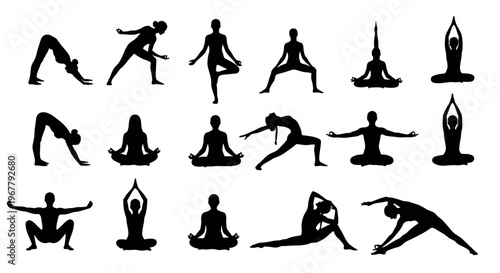 Diverse yoga poses silhouettes demonstrating flexibility and mindfulness in various postures for