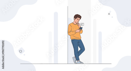 Young Man Texting on Phone Leaning Against Wall, Modern Minimalist Background