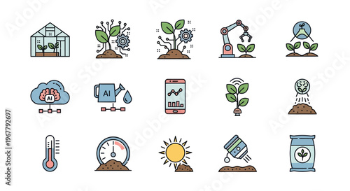 Smart Farming Icons: Agriculture Technology, Innovation, and Sustainability