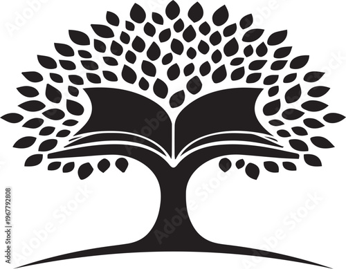 Black silhouette illustration of education concept tree on transparent background