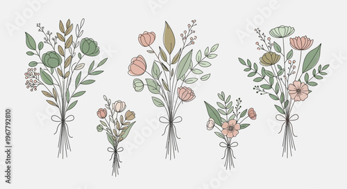Elegant pastel-colored hand-drawn floral bouquets showcasing different flower arrangements and