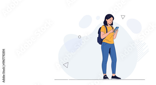 Young woman with backpack using smartphone, modern abstract background, illustration