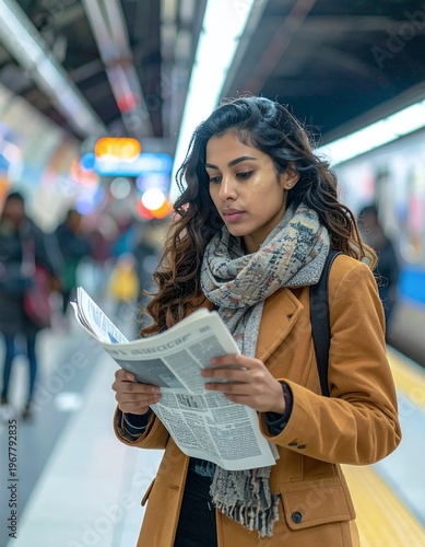 Young Woman Reading Newspaper on Subway Platform.