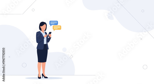 Businesswoman texting on smartphone with chat bubbles, modern office background
