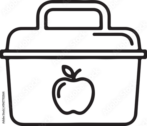 Lunch box with an apple symbol, for school or work meals.