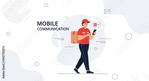 Delivery man using smartphone for mobile communication and package tracking