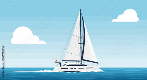 Illustration of a modern sailboat with a large white sail cruising on calm blue ocean waters under