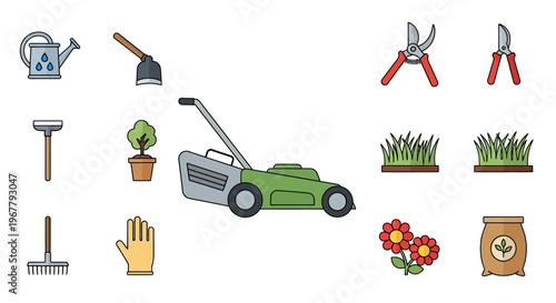 Illustration of Gardening Tools and Equipment for Lawn and Plant Care