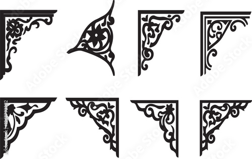 Ornamental corner bracket silhouette vector icon set on transparent background showing vintage decorative elements