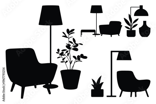 Black silhouettes of furniture and plants on white background
