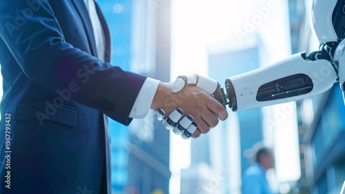 ビジネス街でスーツ姿の男性とAIロボットが握手　AI協働ビジネス、業務効率化、DXイメージ