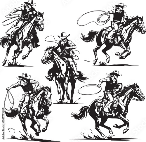 A black and white drawing of a cowboy roping a steer on horseback