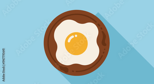 Minimalist Illustration of a Fried Egg on a Brown Plate with Blue Background