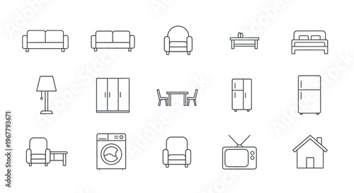 Minimalist line art collection of common household furniture and appliances with simple design