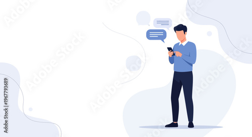 Man Texting on Phone with Chat Bubbles, Modern Flat Illustration