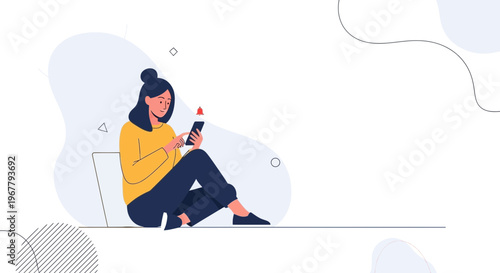 Woman sitting on floor using smartphone, holding bottle, minimalist background