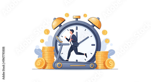 Businessman runs on clock treadmill with coins and laptop earning money fast