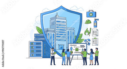 Business people strategize security shield around city buildings and servers with safety icons