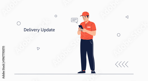Delivery person checking phone for delivery update, modern flat illustration