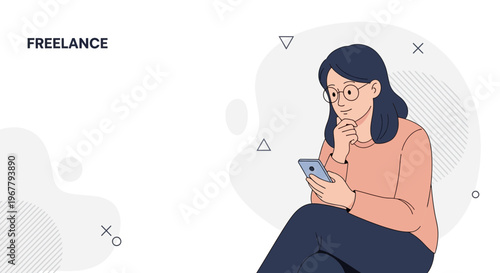 Freelance woman with glasses using smartphone, thoughtful expression, modern flat design