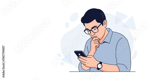 Thoughtful man in glasses looking at smartphone, modern illustration