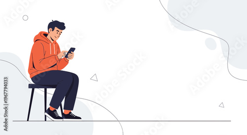 Young man in orange hoodie sitting on chair, looking at smartphone, modern abstract background