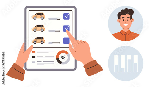 Decision-making, car selection, auto buying, business analytics, choice making, evaluation tools. Hands pointing at a checklist with cars, graphs and a smiling person. Decision-making and car