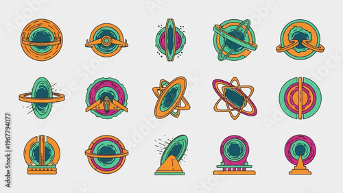 Set of colorful planet icons with futuristic design elements for space themes and science