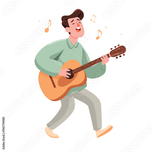 Playful guitarist strumming an acoustic guitar performer.