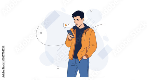 Young man in orange jacket using smartphone, abstract background, video play icon