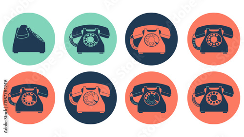 Vintage Rotary Dial Telephone Icons with Colorful Circular Backgrounds for Design Elements and