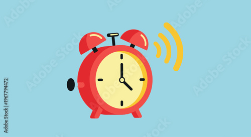 Animated red alarm clock with ringing sound waves on a blue background