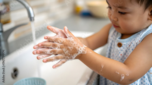 Young child washing hands with soap in the bathroom