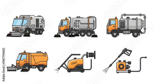 Street Sweeper Truck Collection: Municipal Cleaning Vehicles and Equipment Icons