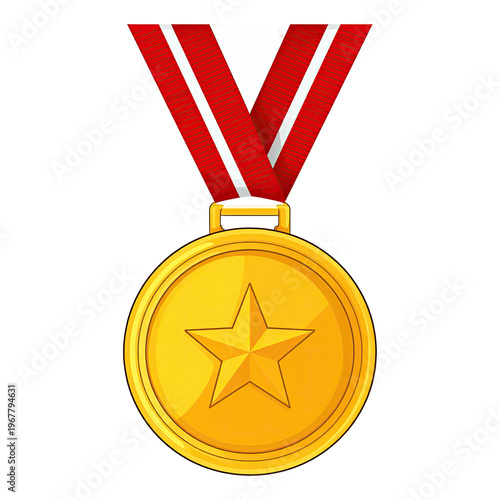 Gold star medal illustration with red and white ribbon on black background for award concept and design element isolated