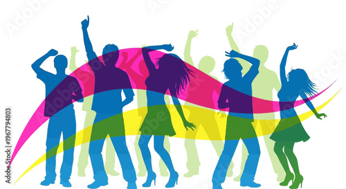 Vector illustration of people celebrating on World Party Day with a festive and joyful atmosphere, featuring colorful silhouettes dancing together in a lively social gathering with music