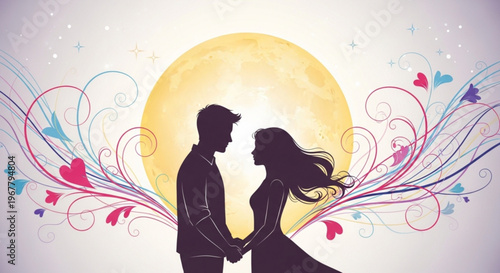 Loving couple silhouette holding hands under full moon with heart decorations