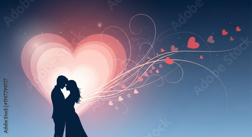 Romantic couple silhouette kissing with glowing pink heart and floating hearts in gradient background