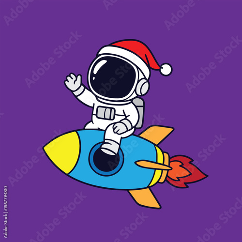 Foto A cute vector illustration of an astronaut sitting on a flying rocket while wearing a Santa Claus hat, creating a playful, festive, and imaginative space themed design