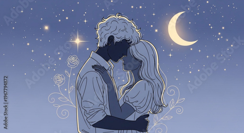 Romantic couple embrace under starry night sky with crescent moon and flowers